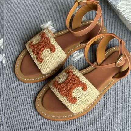 Celine Raffia nad Leather Lympia Flat Strap brown