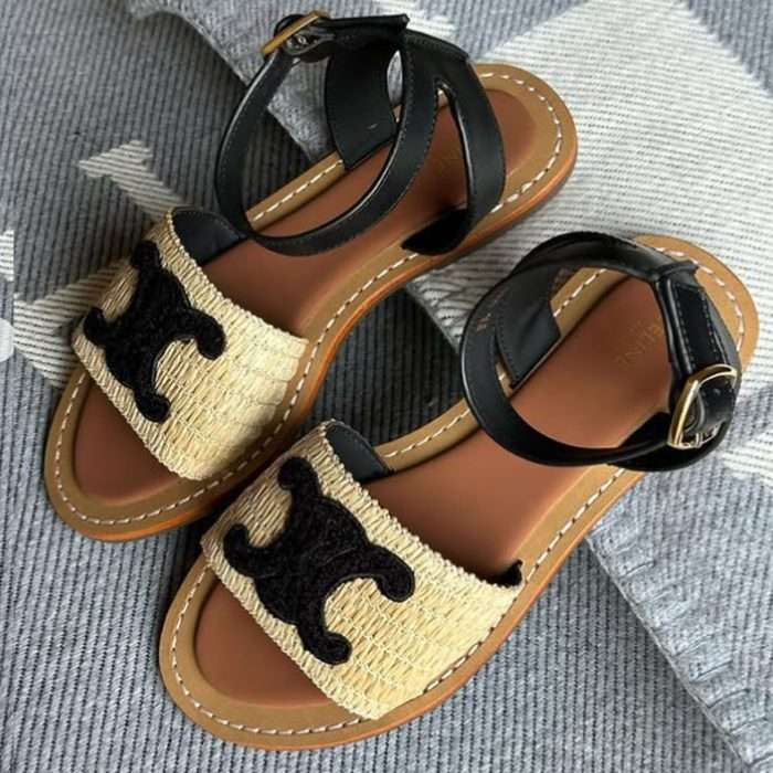 Celine Raffia nad Leather Lympia Flat Strap black