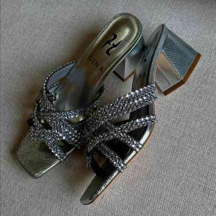 Glamorous Silver Beaded Block Heels