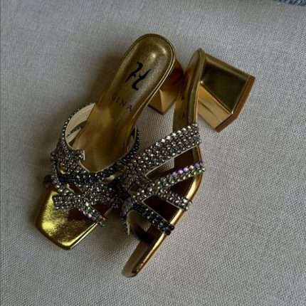 Luxurious Gold Beaded Block Heels