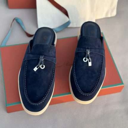 Navy Blue Suede Babouche Charms Walk Mules