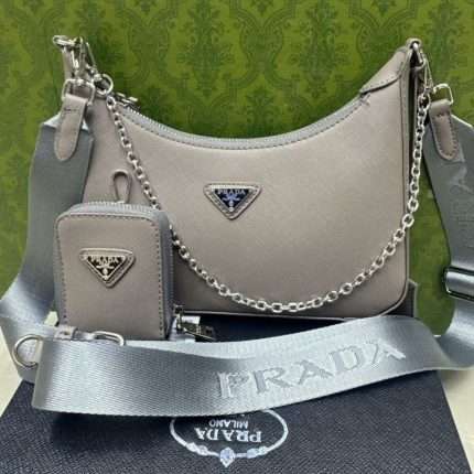 Prada Shoulder Crossbody Hand Bag 25x18x6cm Taupe