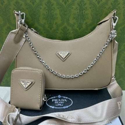 Prada Shoulder Crossbody Hand Bag 25x18x6cm Tan