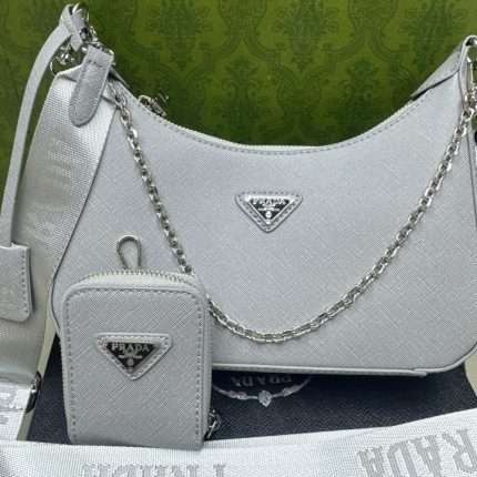 Prada Shoulder Crossbody Hand Bag 25x18x6cm Silver