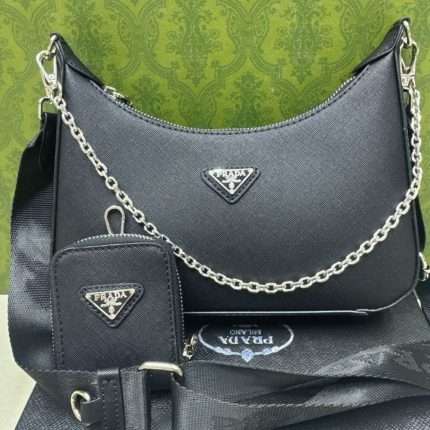 Prada Shoulder Crossbody Hand Bag 25x18x6cm Black
